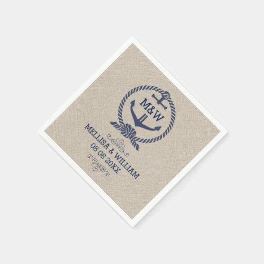 Leinentextur & Blue Boat Anchor Hochzeitsszenierun Serviette (Ecke)