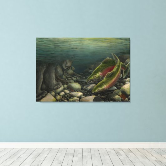 Leinwand der Fischkunst Coho Salmon w. Bear Canvas (Insitu (Holzboden))