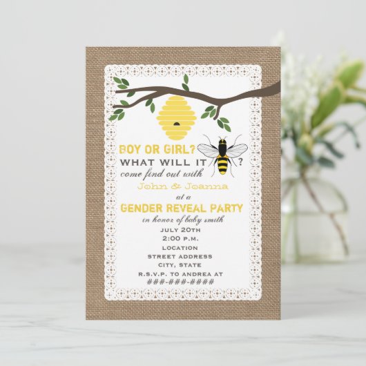 Leinwand inspiriertes Bienen-Themed Geschlecht Einladung (Stehend Vorderseite)