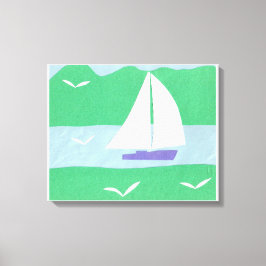 Leinwand mit Segelboot und grünen Bergen
