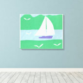 Leinwand mit Segelboot und grünen Bergen (Insitu (Holzboden))