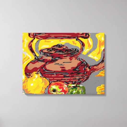 Leinwand Stillleben : Tee Wasserkocher mit Obst (Vorderseite)