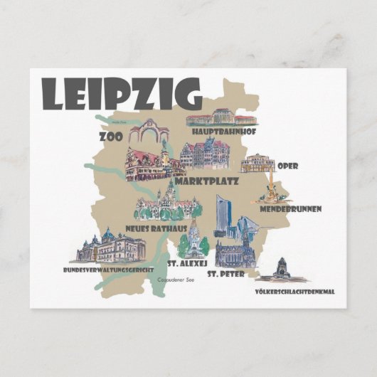 Leipzig Deutschland - Retro Karte mit Sehenswürdig (Vorderseite)
