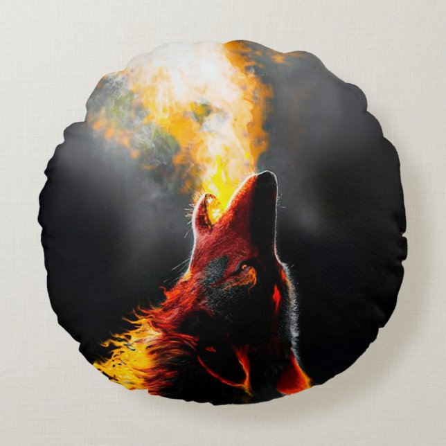 Leiter des aggressiven Feuerwehrwolfs Rundes Kissen (Vorderseite)