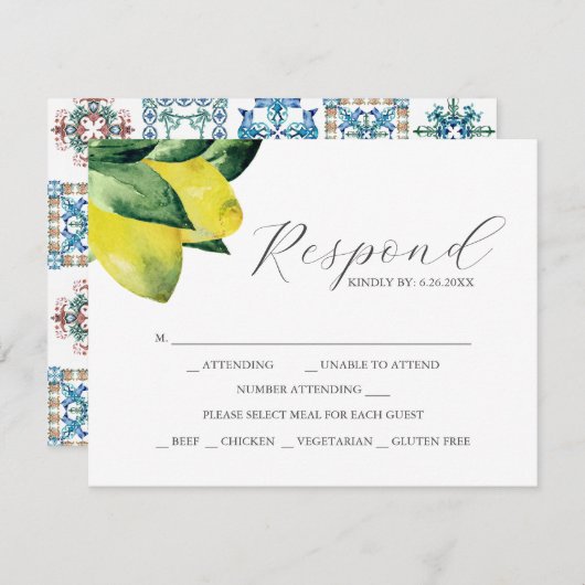 Lemon Amalfi Tile RSVP Cards mit Wahlmöglichkeit (Vorne/Hinten)