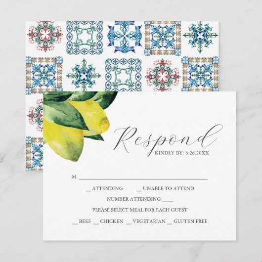 Lemon Amalfi Tile RSVP Cards mit Wahlmöglichkeit Karte (Vorne/Hinten)
