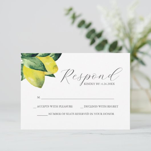 Lemon Amalfi Tile Wedding RSVP Card (Stehend Vorderseite)