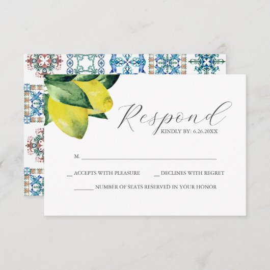 Lemon Amalfi Tile Wedding RSVP Card (Vorne/Hinten)