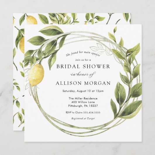 Lemon and Greenery Kreath Brautparty Einladung (Vorne/Hinten)