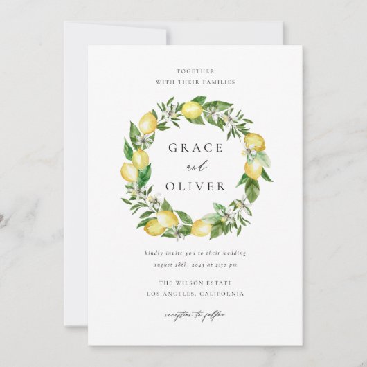 Lemon and Greenery Wreath QR Code Wedding Einladung (Vorderseite)