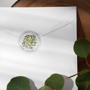 Lemon and Leaves Chic Botanical Return address Runder Aufkleber