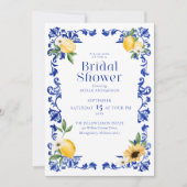 Lemon & Antique Blue Pottery Muster Brautparty Einladung (Vorderseite)