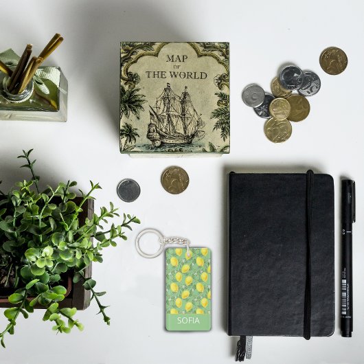 Lemon Aquarellmuster individuelle Name gelb grün Schlüsselanhänger