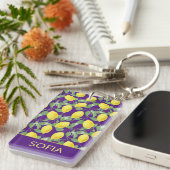 Lemon Aquarellmuster individuelle Name lila Schlüsselanhänger (Vorderseite rechts)