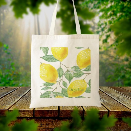 Lemon Aquarellmuster, weißer Name Tragetasche