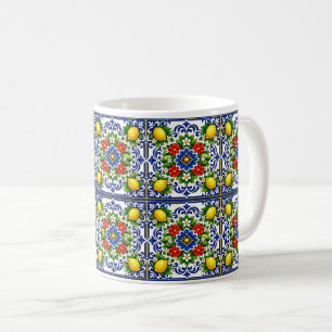 🍋 Lemon Azul Bloom — Mediterrane Azulejo Kaffeetasse
