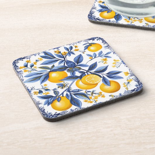 🍋 Lemon Azulejo mit blauen Elementen Getränkeuntersetzer (Linke Seite)