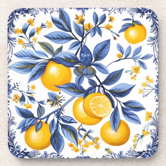 🍋 Lemon Azulejo mit blauen Elementen Getränkeuntersetzer (Vorderseite)
