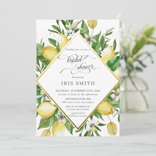 Lemon Azure Mediterranean Greenery Brautparty Einladung (Stehend Vorderseite)