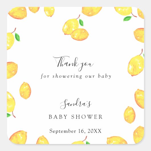 Lemon Baby Shower Elegant Danke Script Frame Quadratischer Aufkleber (Vorderseite)