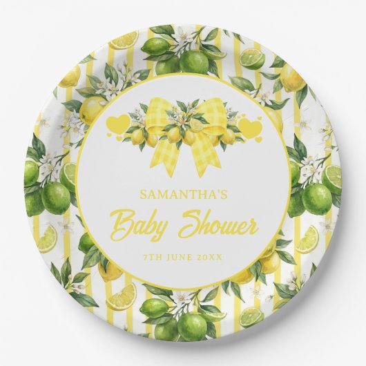 Lemon Baby Shower Gelbe Gingham-Schleife Pappteller (Vorderseite)