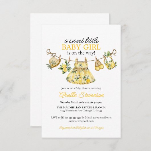 Lemon Babydusche, Zitrusbrause, Zitronenbaby Einladung (Vorne/Hinten)