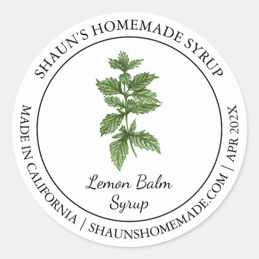 Lemon Balm Syrup Modernes Label Runder Aufkleber (Vorderseite)