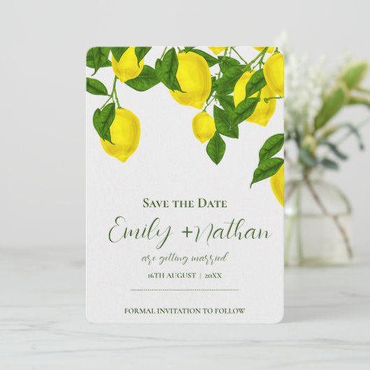 Lemon Beautiful Niedlich Bright Yellow Citrus Wedd Save The Date (Stehend Vorderseite)