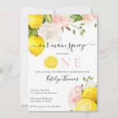 Lemon Birthday Einladung mit rosa Blume (Vorderseite)