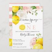 Lemon Birthday Einladung mit rosa Blume (Vorne/Hinten)