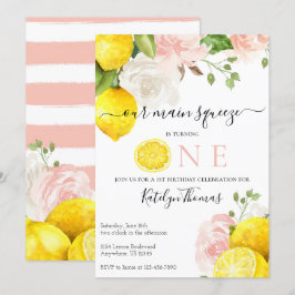 Lemon Birthday Einladung mit rosa Blume