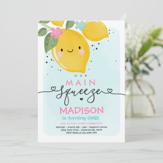 Lemon Birthday Einladung unser Haupt-Squeeze-Party (Stehend Vorderseite)