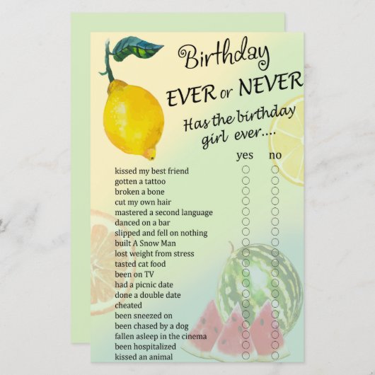 Lemon Birthday nie oder nie Spiel (Vorne/Hinten)