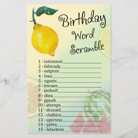 Lemon Birthday Word Scramble Game (Vorderseite)