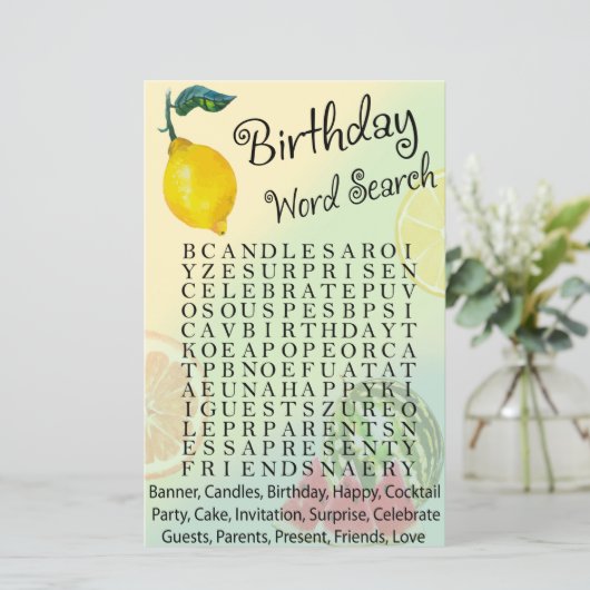 Lemon Birthday Wortsuche (Stehend Vorderseite)