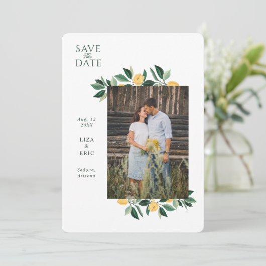 Lemon Blossom Blumenbaum Elegantes Hochzeitssemble Save The Date (Stehend Vorderseite)