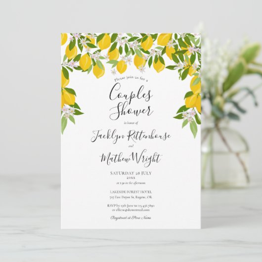 Lemon Blossom Greenerity Wedding Couples Dusche Einladung (Stehend Vorderseite)