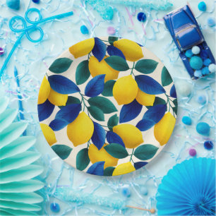 Lemon & Blue Blätter Vibranntes Farbmuster Pappteller