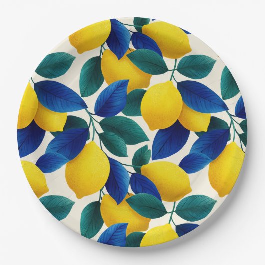 Lemon & Blue Blätter Vibranntes Farbmuster Pappteller (Vorderseite)