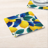 Lemon & Blue Blätter Vibranntes Farbmuster Rechteckiger Pappuntersetzer (angewinkelt)