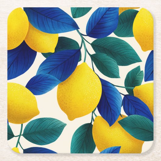 Lemon & Blue Blätter Vibranntes Farbmuster Rechteckiger Pappuntersetzer (Vorderseite)
