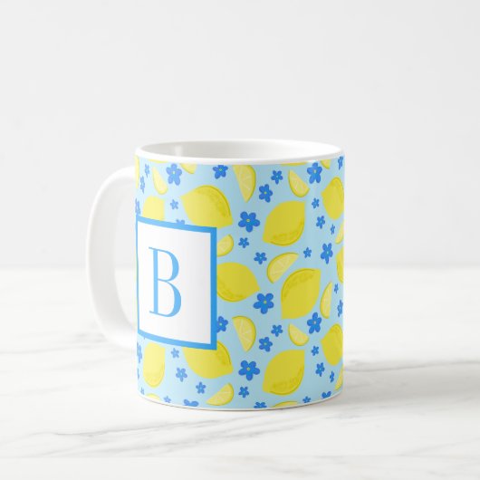 Lemon Blue Blume Monogram Initial Personalisiert Kaffeetasse (Vorderseite Links)