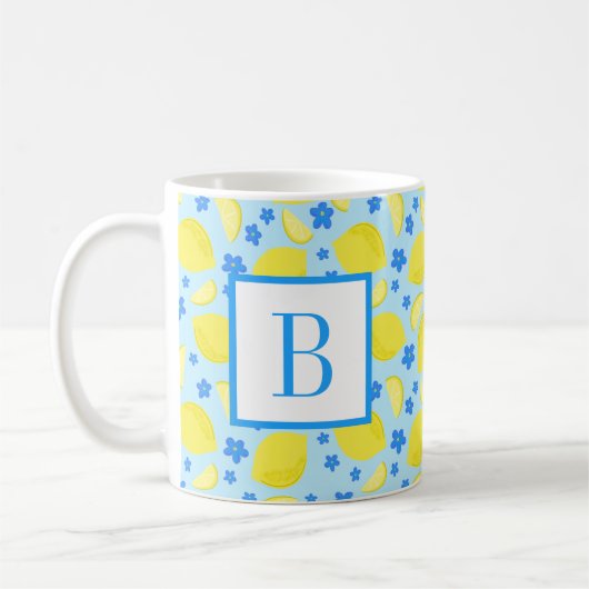 Lemon Blue Blume Monogram Initial Personalisiert Kaffeetasse (Links)
