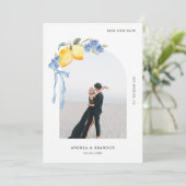 Lemon Blue Bow Floral Arch Photo Italian Wedding Save The Date (Stehend Vorderseite)