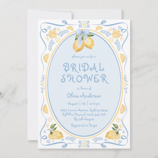 Lemon Blue Bow Whimsical Bridal Dusche Einladung (Vorderseite)