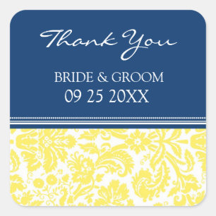 Lemon Blue Damask Vielen Dank Gastgeschenk Hochzei Quadratischer Aufkleber