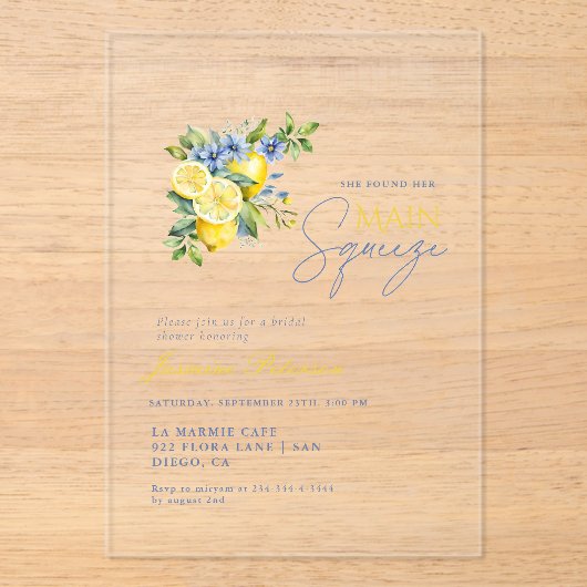 Lemon Blue Floral Citrus Brautparty Acryleinladungen (Vorderseite)