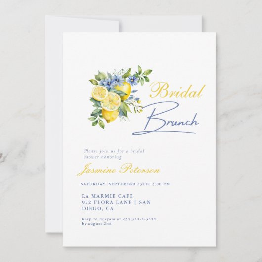Lemon Blue Floral Citrus Brautparty Einladung (Vorderseite)
