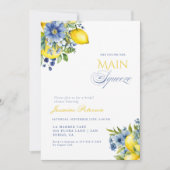 Lemon Blue Floral Citrus Brautparty Einladung (Vorderseite)