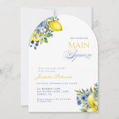 Lemon Blue Floral Citrus Brautparty Einladung (Vorderseite)